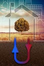 Geothermal heating and cooling system linear - sustainable buildings conditioning concept illustration