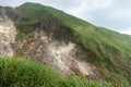 Geothermal hot spring with steam and sulfur crystals