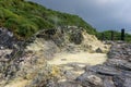 Geothermal hot spring with steam and sulfur crystals