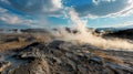 A panoramic view of the geothermal area, with steam rising from hot springs