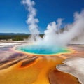 The geothermal hot springs of Yellowstone National with steam rising from the pools against a backdrop of rugged mountains