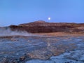 Geothermal landscape at moonset / sunrise, in Southwestern Iceland