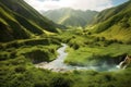 geothermal springs flowing through a lush green valley