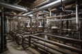 geothermal system with series of pipes and valves, providing energy to nearby building