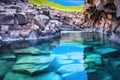 geothermal waters cascading down rocks into a hot spring pool