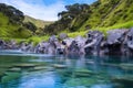 geothermal waters cascading down rocks into a hot spring pool