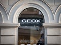 Geox logo in front of their local store in Prague. Royalty Free Stock Photo
