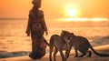 woman and gepard on sand wild desert at sunset animal world nature landscape Royalty Free Stock Photo