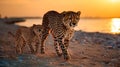 gepard on sunset in savanna and beach , wild animals nature landscape Royalty Free Stock Photo