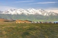 The ger camp in a large meadow at Song kul lake , Naryn of Kyrgyzstan