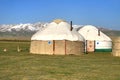 The ger camp in a large meadow at Song kul lake , Naryn of Kyrgyzstan