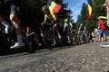 Geraint Thomas in yellow climbs towards the summit finish on La Planche des Belles Filles