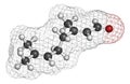 Geranial lemon fragrance molecule. 3D rendering. Atoms are represented as spheres with conventional color coding: hydrogen white.