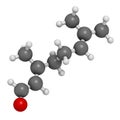 Geranial lemon fragrance molecule. 3D rendering. Atoms are represented as spheres with conventional color coding: hydrogen (white