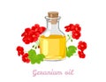 Geranium aromatic oil in glass bottle and red flowers isolated on white