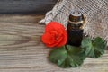 Geranium essential oil in a glass bottle with flower and leaves of the geraniums plant on wooden table. Royalty Free Stock Photo