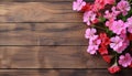 Geranium flowers on brown wooden background. Top view with copy space Royalty Free Stock Photo