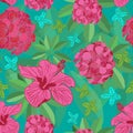 Geranium & Hibiscus-Flowers in Bloom seamless repeat pattern Background in pink,maroon and green Royalty Free Stock Photo