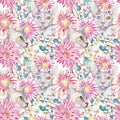 Gerber, Chrysanthemum, Egyptian cat, Sphinx.Blooming apple tree. Watercolor seamless pattern.