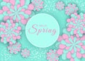 Gerbera Flower Background and Spring is coming Lettering. Spring floral banner with paper cut blooming pink cherry flowers on blue Royalty Free Stock Photo