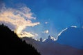 Gergeti Trinity Church in Georgia near the northern border with Russia silhouetted against dramatic evening sky in fog from Royalty Free Stock Photo