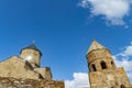 Gergeti Trinity Church, Georgia. Sunrise at the Gergeti Trinity Church with sunrays at chapel at the foot of Kazbegi mountain near Royalty Free Stock Photo