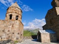 Gergeti Trinity Church in Kazbegi at sunrise with Kazbeg in the background. Georgia. Royalty Free Stock Photo