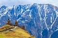 Gergeti Trinity Church Tsminda Sameba, Holy Trinity Church near the village of Gergeti in Caucasian mountains, Georgia Royalty Free Stock Photo