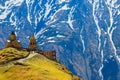 Gergeti Trinity Church Tsminda Sameba, Holy Trinity Church near the village of Gergeti in Caucasian mountains, Georgia Royalty Free Stock Photo