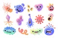 Germ character. Cartoon virus or microbe cell with funny faces. Caricature flu disease bacteria. Microscopic monsters. Pathogen