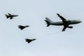 German Air Force Airbus A310 MRTT plane aerial refuelling two Eurofighter Typhoons fighter jets and Tornado fighter bombers Royalty Free Stock Photo
