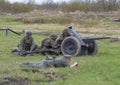 German artillery with anti-tank gun into position. Reconstruction of the episode of the great Patriotic war