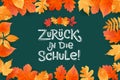 German Back to School text drawing by white chalk on Green Chalkboard. Autumn leaves education vector illustration banner. Royalty Free Stock Photo