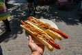 german bavarian hot dog in viktualienmarkt munich with sauerkraut street food