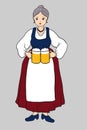 German Bavarian woman with glass or mugs of beer. Old lady in national dress costume with two pints of alcohol drink Royalty Free Stock Photo