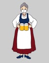 German Bavarian woman wearing face protective mask with glass or mugs of beer. Old lady in national dress costume with