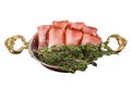 German Black Forest Ham Slices in skillet with thyme. Isolated on white background. Top view. Royalty Free Stock Photo