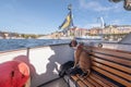German Boxer Dog on excursion boat with the flag of Sweden on the beautiful tour in Stockholm Sweden Royalty Free Stock Photo