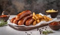 German bratwurst sausages and fried potatoes food photography Royalty Free Stock Photo