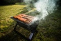 German Bratwurst sausages and marinated pork neck steak meat roasting with smoke on foldable charcoal BBQ barbecue grill in garden Royalty Free Stock Photo