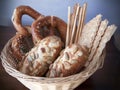 German bread assortement with grissini and crackers Royalty Free Stock Photo
