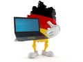 German character holding laptop