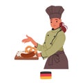 German Chef Female Character Proudly Presents A Platter With Sausages And Freshly Baked Pretzels, German Cuisine