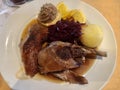 Roast duck, red cabbage and potato dumplings Royalty Free Stock Photo