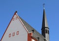 German Church with Cross and Bell Tower with Blue Sky Background in Mainz, Germany Royalty Free Stock Photo