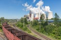 German Coal-fired power plant with empty cargo train near Garzweiler mine Royalty Free Stock Photo