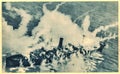 German coastal war ship after Allied bombardment. War ship in fire Royalty Free Stock Photo