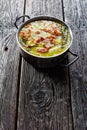 German crock pot pea soup, vertical orientation Royalty Free Stock Photo