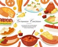 German cuisine background banner vector illustration. Traditional food in Germany. Cooked meat meal sausages for dinner