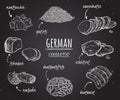 German cuisine. Collection of delicious food in line art style on chalkboard.